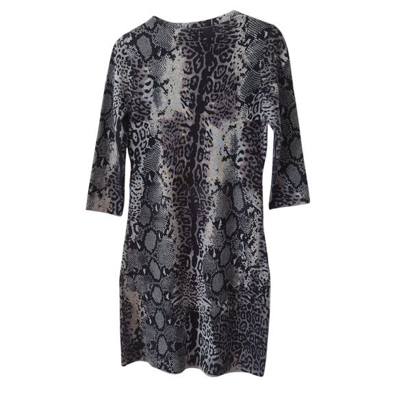 Neiman Marcus Cashmere Dress M Faux Wrap 1/2 Sleeve Mixed Animal Print Cheetah - Picture 2 of 7